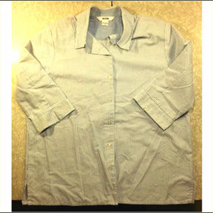 Blue & White Striped 3/4 Sleeve Career Top, Button Up Blouse